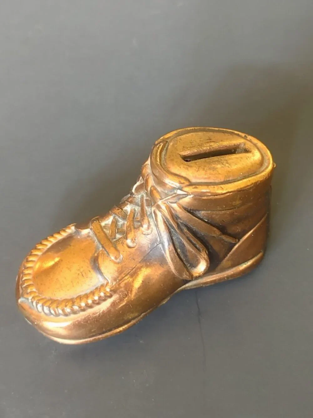 Vintage Bronze Baby Shoe Coin Piggy Bank Copper Color Plated Cast Metal